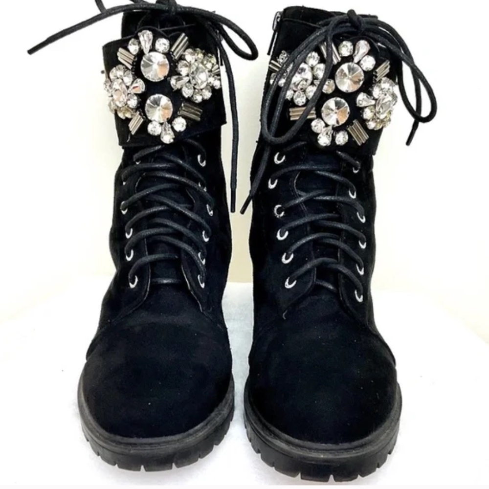 BLACK SUEDE SIDE ZIP BUCKLE LACE UP COMBAT ANKLE BOOTS WITH CRYSTAL DETAIL